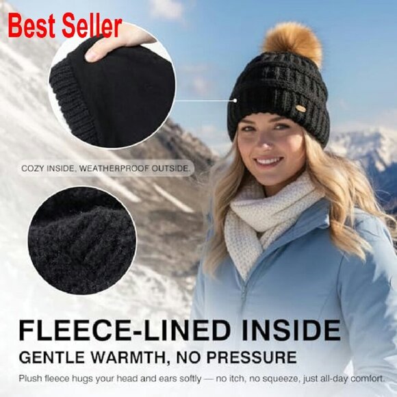 Fleece Lined Merino Wool Beanie Hidden Ponytail Hole Detachable Pom Chic